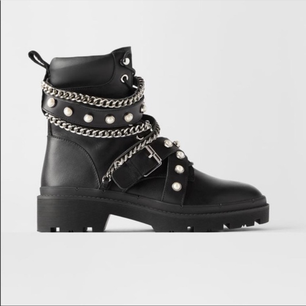 Zara Leather Pearl and Chain Biker Boots size 9